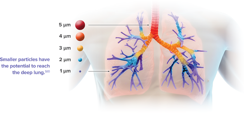 YUTREPIA particle size deep lung delivery diagram